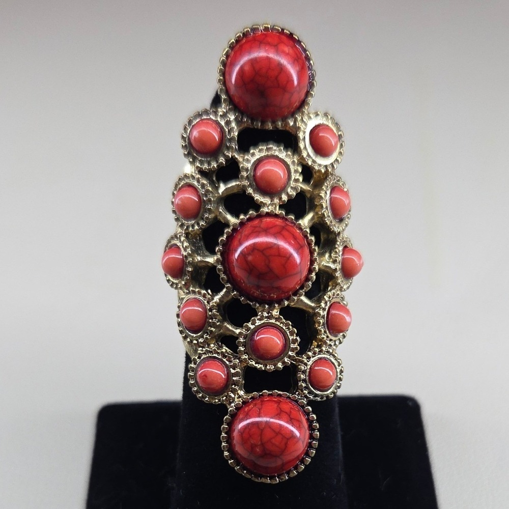 Boho Red Faux Coral Stone‎ Statement Ring Gold Tone Textured Shield Size 7